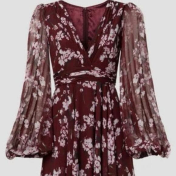 Mac Duggal Floral Chiffon Bishop Sleeves Gown Dress Burgundy Size 0 NWT - Picture 2 of 13